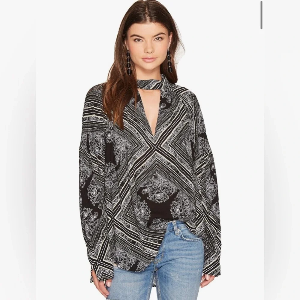 Free People Walking on a Dream Long Sleeve Flowy Sexy Black Keyhole Neck Tunic S